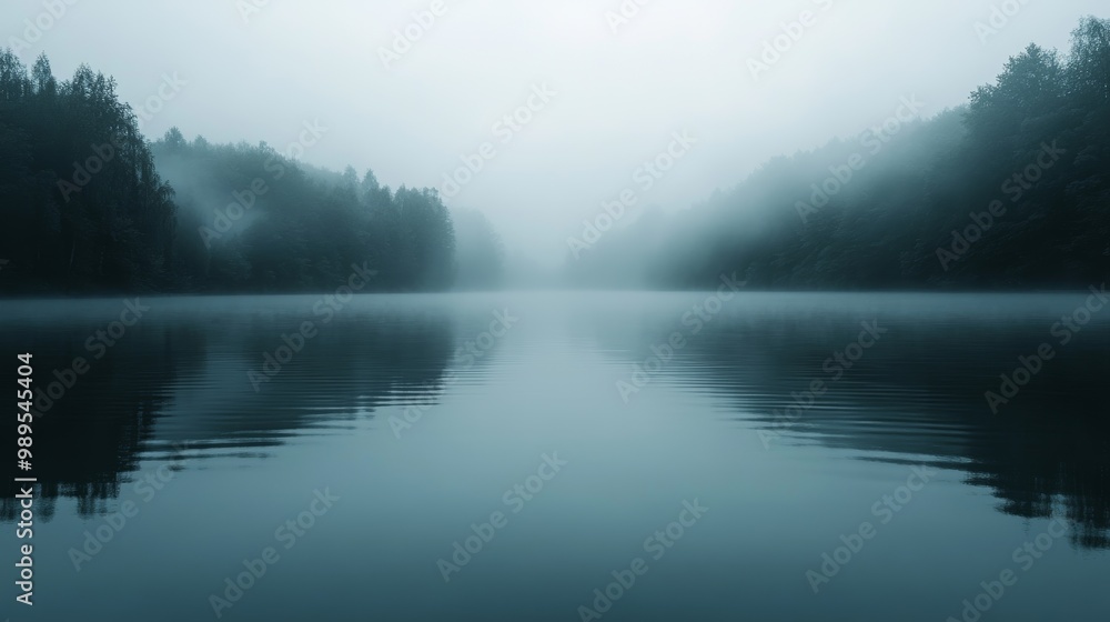 Fototapeta premium Serene Foggy Lake with Water Reflections - Tranquil Nature Scene