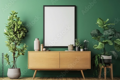 Modern Living Interior with Vertical Poster Frame Mockup on Wooden Cabinet