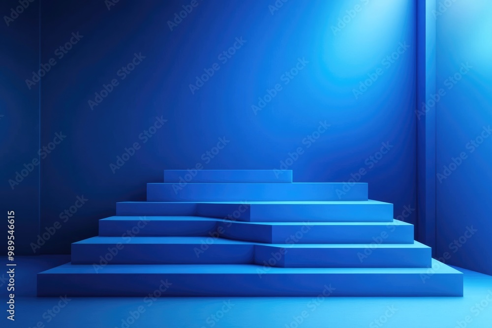 Minimalistic Podium Showcase with Geometric Design on Blue Background Minimalistic Podium Showcase with Geometric Design on Blue Background