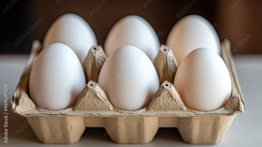 Fresh White Eggs in a Cardboard Carton on a Light Background - Close-Up Shot of Six Eggs in Natural Lighting Fresh White Eggs in a Cardboard Carton on a Light Background - Close-Up Shot of Six Eggs in Natural Lighting