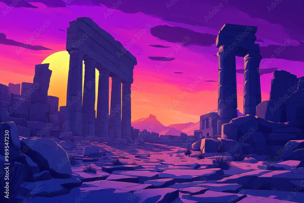 Fototapeta premium Ruins of an Ancient City Under a Vibrant Sunset