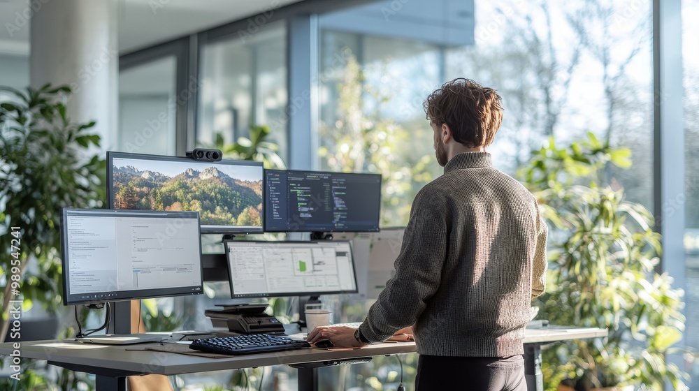Modern Office Workspace with Multiple Monitors Modern Office Workspace with Multiple Monitors
