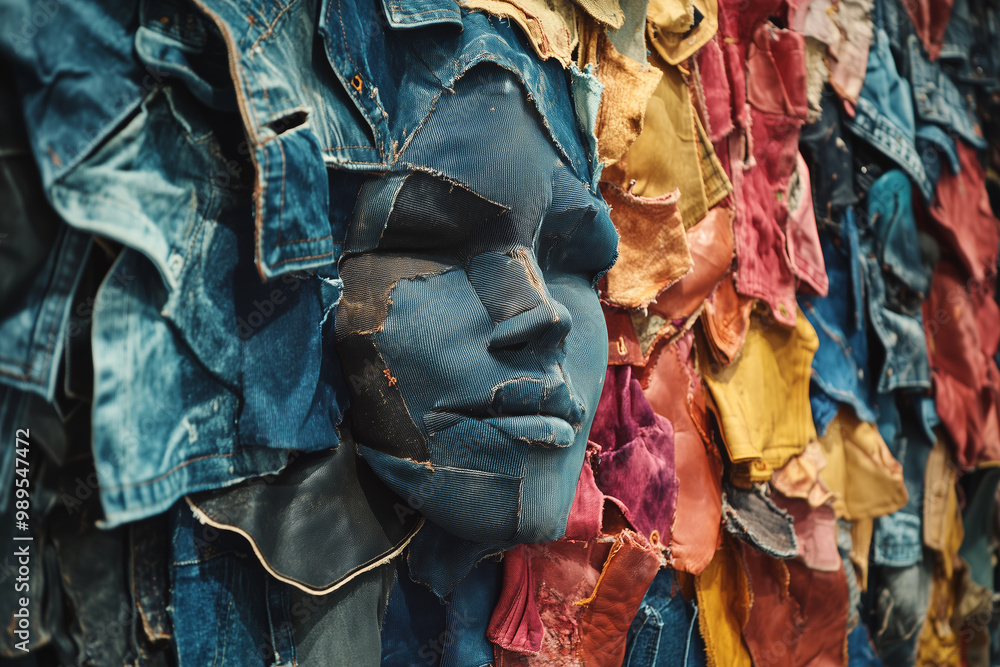 Obraz premium An immersive avant-garde art installation brought to life with recycled denim creating a textured human face in a vibrant gallery space
