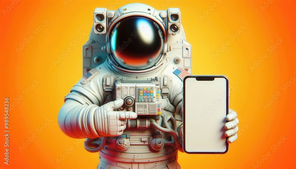 Astronaut holding a smartphone with a blank screen, set against a vibrant orange background, symbolizing technology, exploration, and innovation. Astronaut holding a smartphone with a blank screen, set against a vibrant orange background, symbolizing technology, exploration, and innovation.