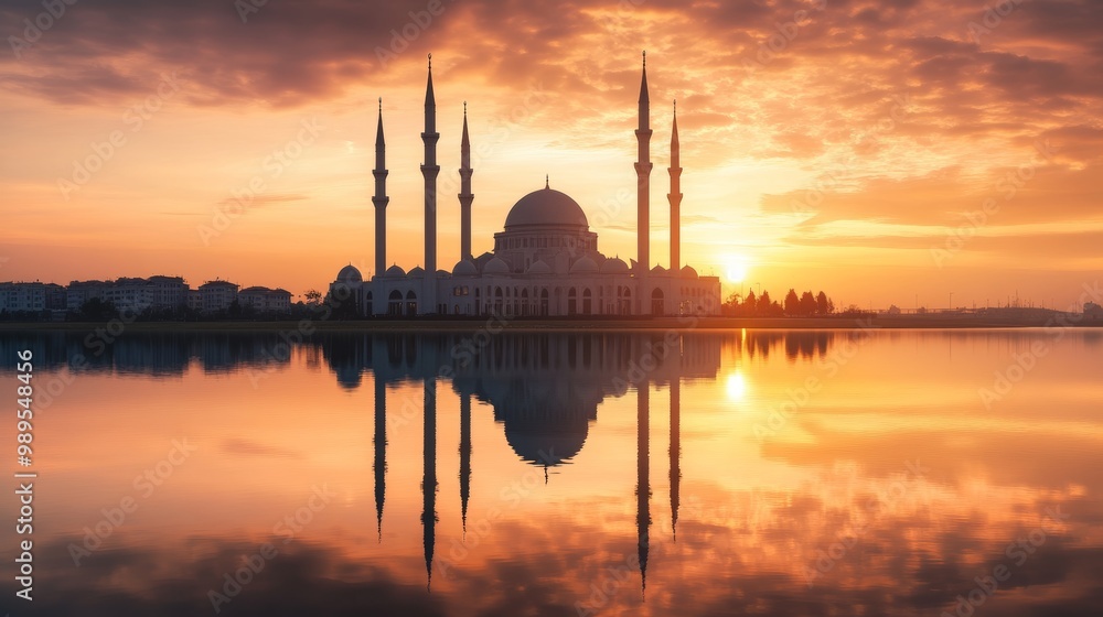 Majestic Mosque at Sunrise with Golden Reflections Majestic Mosque at Sunrise with Golden Reflections