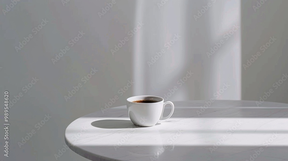 Single white coffee cup filled with black coffee sits on round marble table. soft natural light casts gentle shadows, creating serene and minimalist atmosphere. Single white coffee cup filled with black coffee sits on round marble table. soft natural light casts gentle shadows, creating serene and minimalist atmosphere.