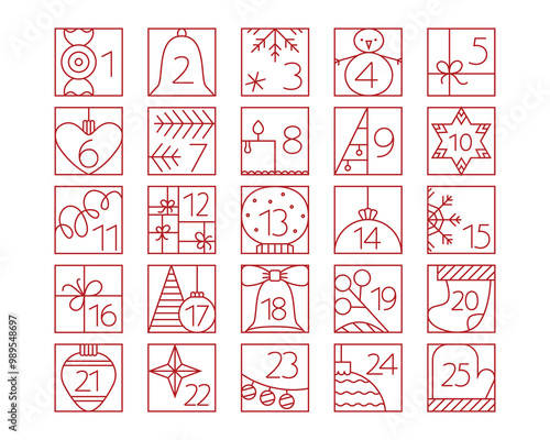 Christmas Advent Calendar elements with cute line illustrations. Simple outline icons grid photo