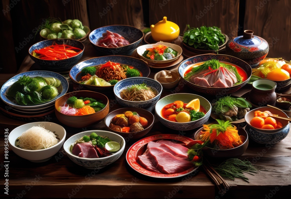 vibrant colorful chinese dishes arranged rustic wooden table showcasing array textures ingredients, asian, cuisine, food, arrangement, plate, presentation vibrant colorful chinese dishes arranged rustic wooden table showcasing array textures ingredients, asian, cuisine, food, arrangement, plate, presentation