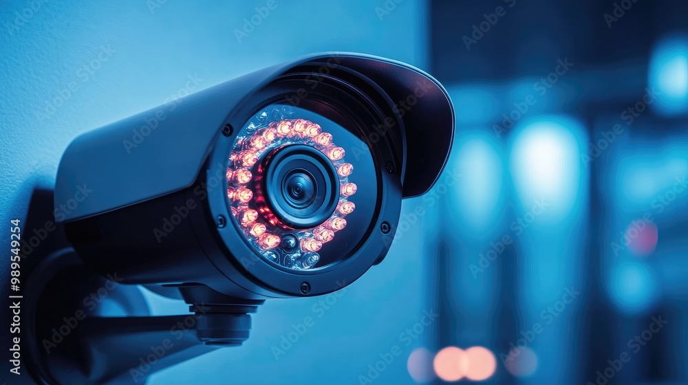 High-Tech Security Camera with Infrared Night Vision Mounted on Wall in Modern Surveillance System High-Tech Security Camera with Infrared Night Vision Mounted on Wall in Modern Surveillance System
