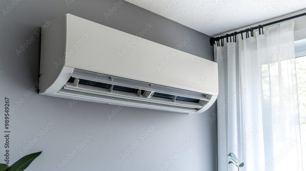 Modern Wall-Mounted Air Conditioner in a Minimalist Home Interior with White Curtains and Grey Walls Modern Wall-Mounted Air Conditioner in a Minimalist Home Interior with White Curtains and Grey Walls