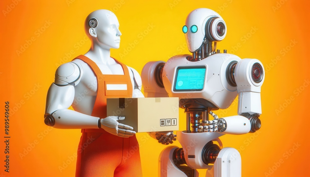 Naklejka premium A humanoid robot and a worker collaborate in a futuristic setting, symbolizing the integration of robotics in logistics and delivery services.