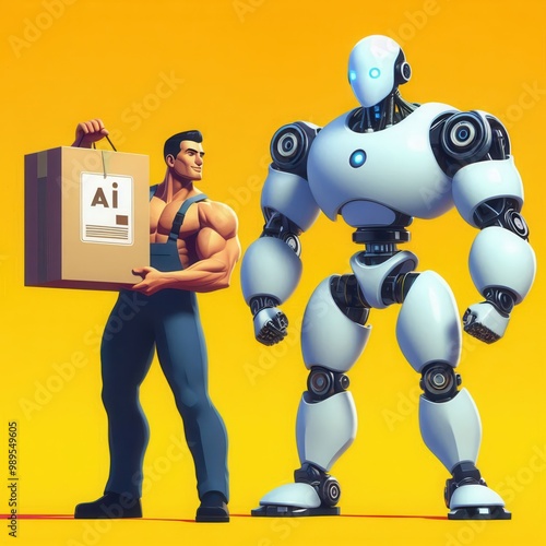 A muscular man and a futuristic robot collaborate, symbolizing the synergy between human strength and artificial intelligence in business and technology. photo