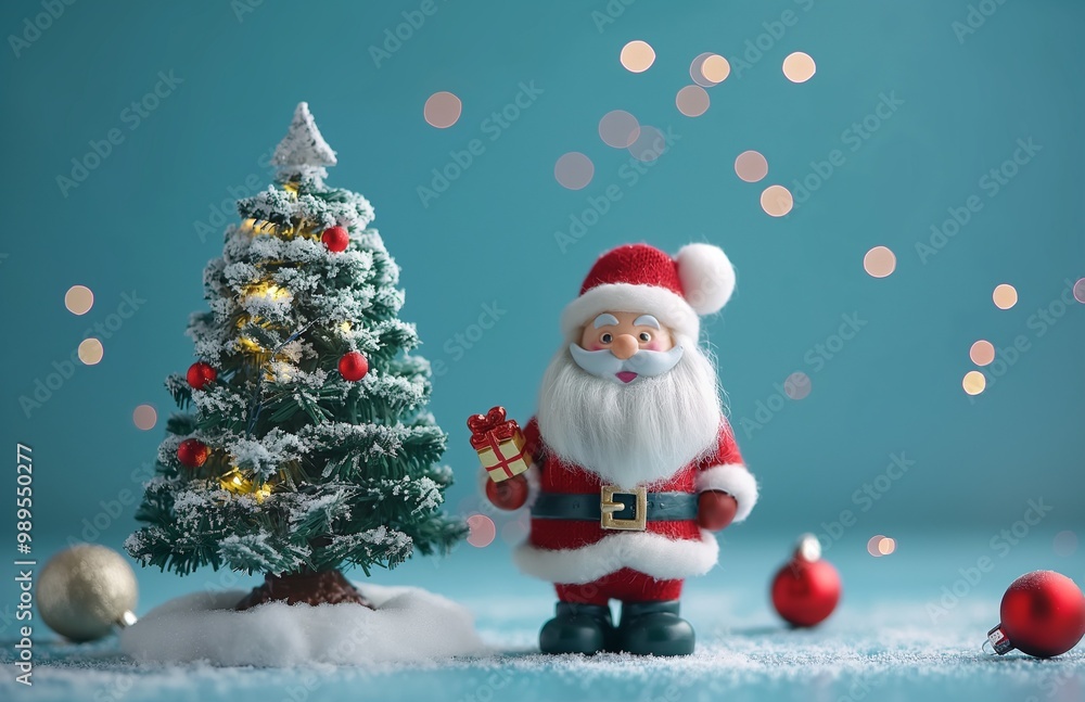 Santa Claus stand next to the Christmas tree on blue background Santa Claus stand next to the Christmas tree on blue background