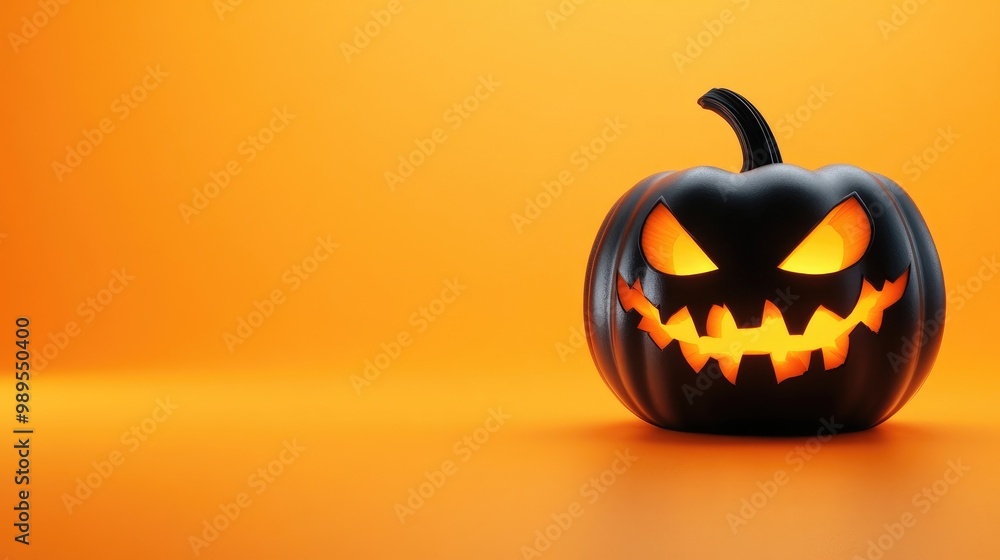 Spooky halloween black pumpkin, Jack O Lantern, with illuminated evil face and eyes on bright orange background with copy space Happy Halloween decor Spooky halloween black pumpkin, Jack O Lantern, with illuminated evil face and eyes on bright orange background with copy space Happy Halloween decor