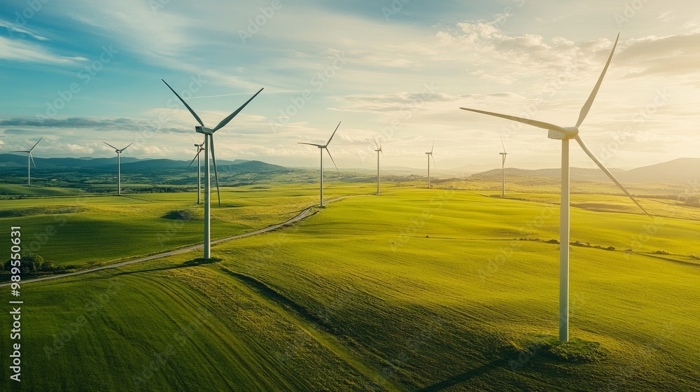 Obraz premium Wind Turbines in a Green Field: Sustainable Energy Production