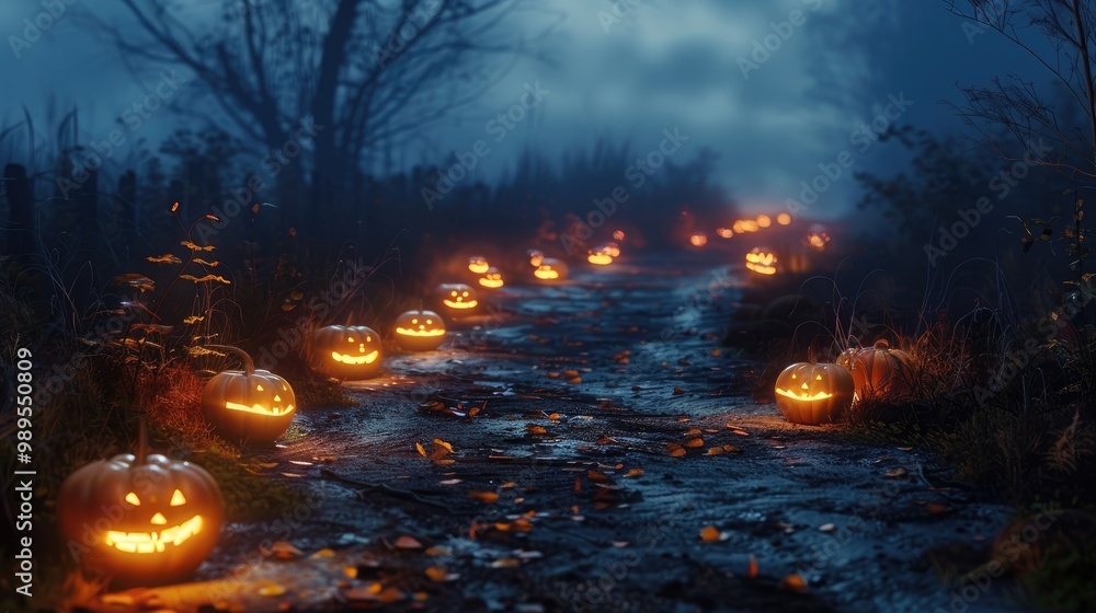 Spooky path with glowing pumpkins, Spooky path with glowing pumpkins,