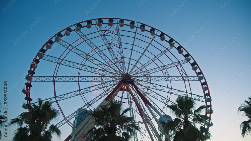 The Ferris wheel in the resort town of Batumi, Georgia, turns and sparkles with lights among palm trees. The Ferris wheel in the resort town of Batumi, Georgia, turns and sparkles with lights among palm trees.