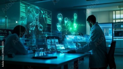 Futuristic Lab: Scientists Working with Digital Interfaces and Data Visualization