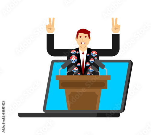 Presidential candidate scammer Fraudster. Online voting is fake. Guy with fake moustache and glasses cheats. Election fraud.