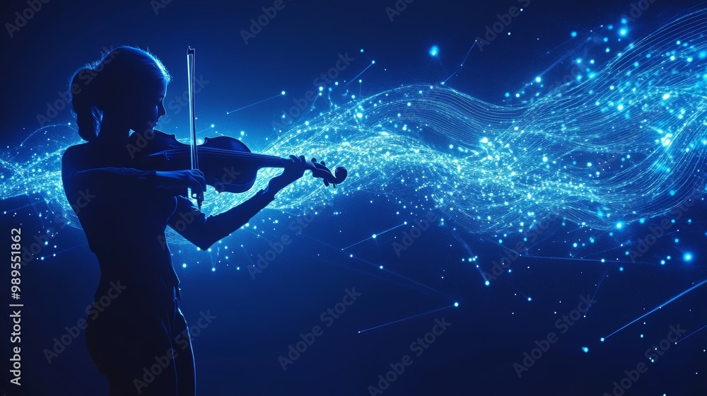 Silhouette of a Violinist Playing with Glowing Lines Silhouette of a Violinist Playing with Glowing Lines