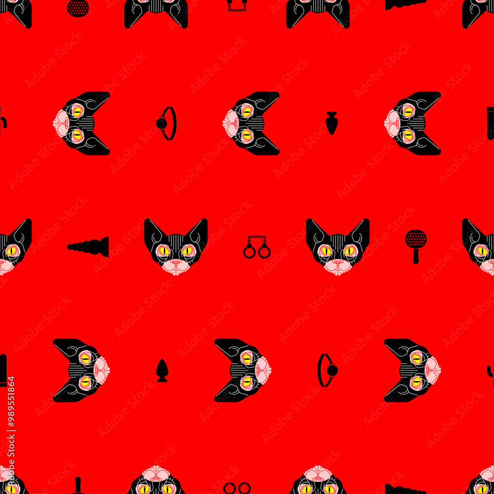 Cat Sphynx BDSM pattern seamless. Pet in Latex Mask background. Adult Ornament Cat Sphynx BDSM pattern seamless. Pet in Latex Mask background. Adult Ornament