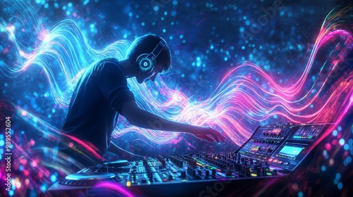 DJ Mixing Music in a Colorful Studio