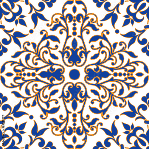 Traditional spanish floral ornament floor tiles. Portuguese motifs. Intricate mosaic pattern design