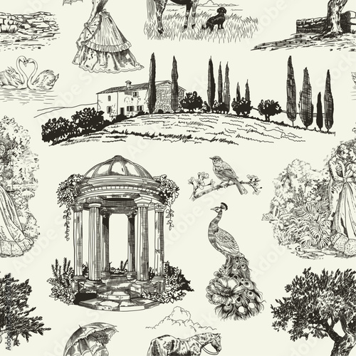 Abstract Victorian seamless pattern with hand drawn illustration with country life, couple villager in Toile de jouy style. Retro elegance blue Chinoiserie print. Vintage wallpaper for bedroom