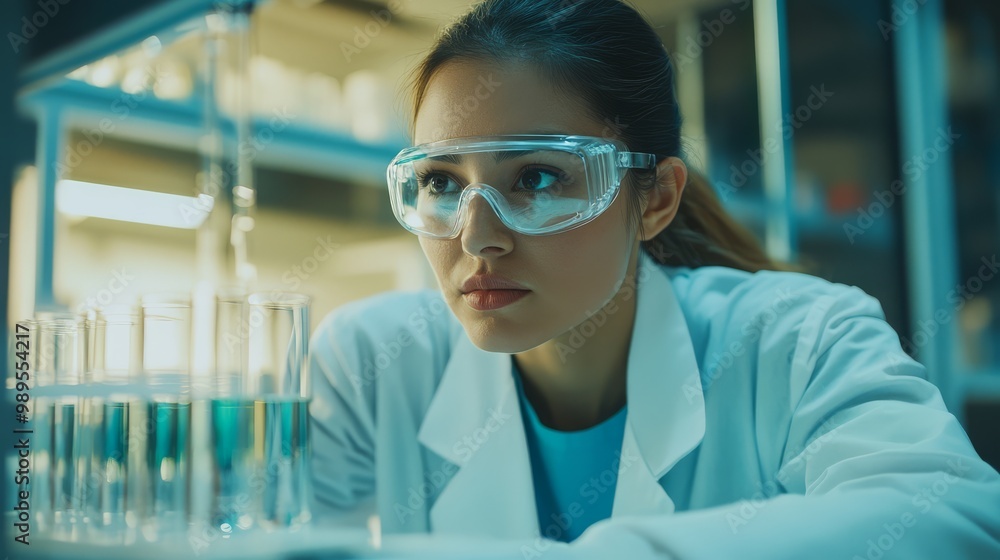 A dedicated scientist observes chemical reactions in test tubes while wearing safety gear A dedicated scientist observes chemical reactions in test tubes while wearing safety gear