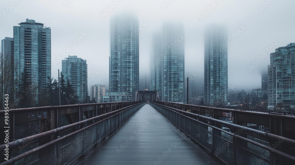 Foggy Cityscape with Bridge and Skyscrapers Foggy Cityscape with Bridge and Skyscrapers