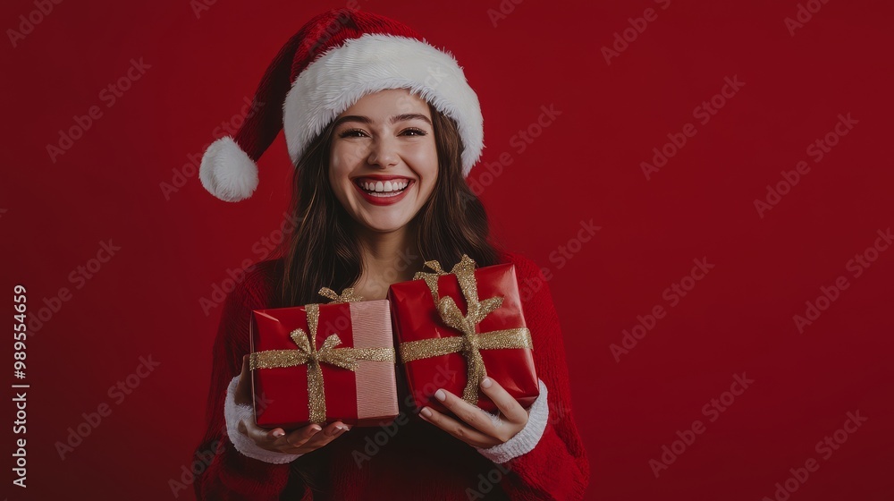 A joyful woman in a Santa outfit shares delightful gifts spreading holiday cheer A joyful woman in a Santa outfit shares delightful gifts spreading holiday cheer