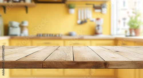 Warm and Cozy Kitchen Interior with Wooden Table and Blurred Background