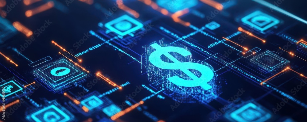 A vibrant digital representation of currency symbols and circuit patterns, symbolizing finance and technology. A vibrant digital representation of currency symbols and circuit patterns, symbolizing finance and technology.