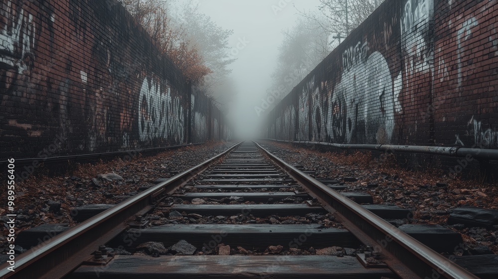 Fototapeta premium Graffiti Covered Railroad Tracks Vanishing into Fog