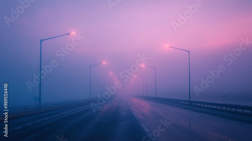 Foggy Road with Street Lights at Dawn