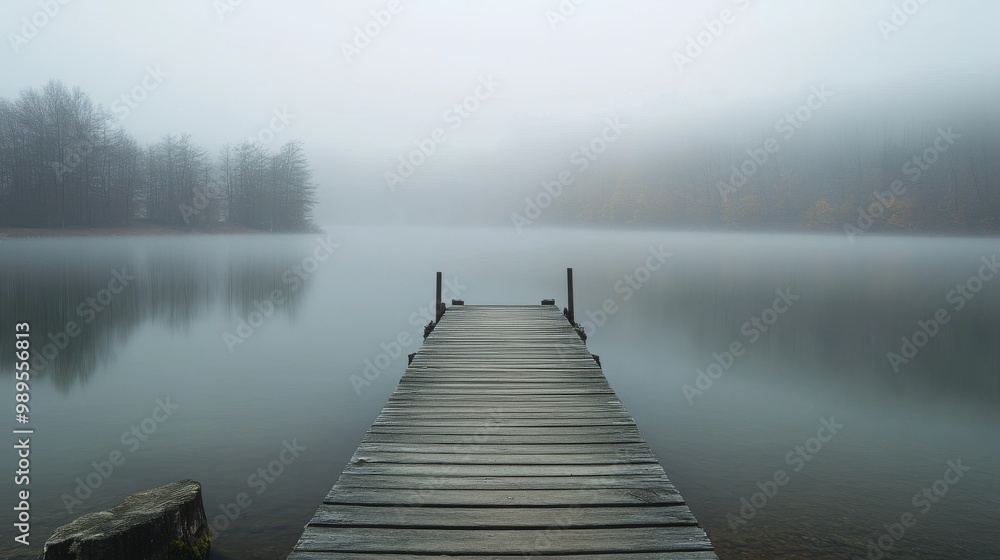Serene Foggy Lake with Wooden Dock Serene Foggy Lake with Wooden Dock