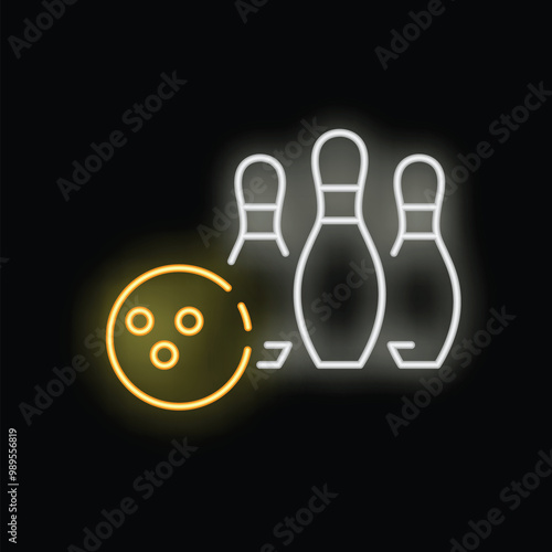 Neon sign of a bowling ball rolling towards bowling pins, a perfect design element for a bowling alley or a game night
