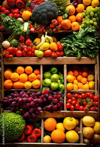 vibrant food donation display showcasing abundance fresh fruits vegetables colorful arrangement, baskets, bounty, charity, community, donations, foodbank