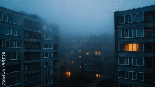 Glowing Windows In Foggy Cityscape