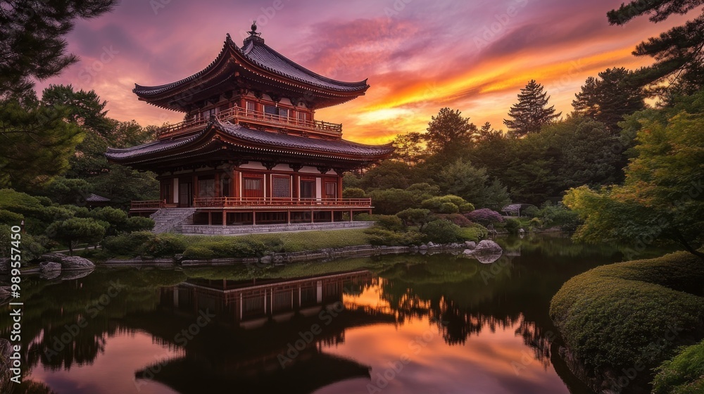 Serene Japanese Pagoda Reflecting in a Tranquil Pond at Sunset Serene Japanese Pagoda Reflecting in a Tranquil Pond at Sunset