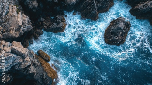 Aerial View of Spectacular Rocky Coastline with Foamy Blue Waves Crashing on Shore