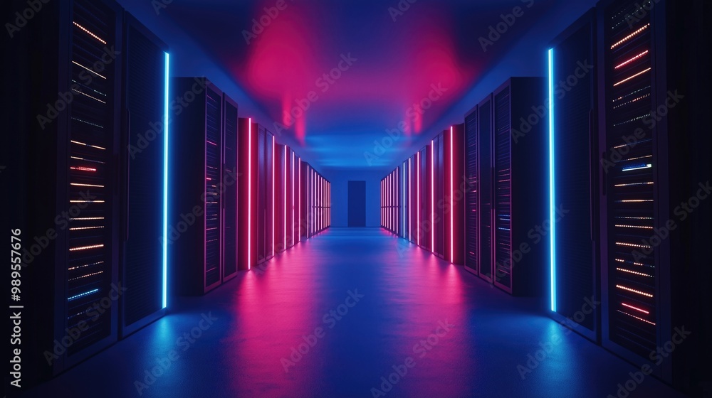 A visually striking server room corridor illuminated with vibrant pink and blue lights, featuring sleek server racks along both sides, creating a futuristic ambiance. A visually striking server room corridor illuminated with vibrant pink and blue lights, featuring sleek server racks along both sides, creating a futuristic ambiance.