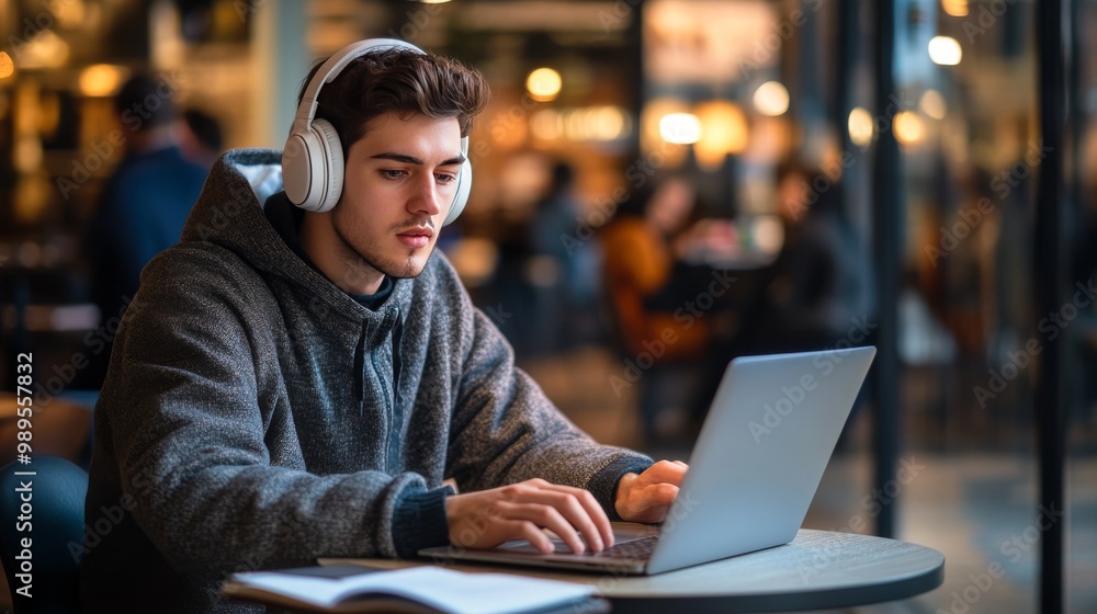 Man Working on Laptop in Cafe with Headphones Man Working on Laptop in Cafe with Headphones