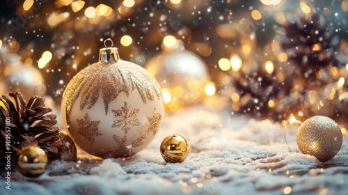 Golden ornament and pinecones on snow-covered ground, with a bokeh background of twinkling lights.