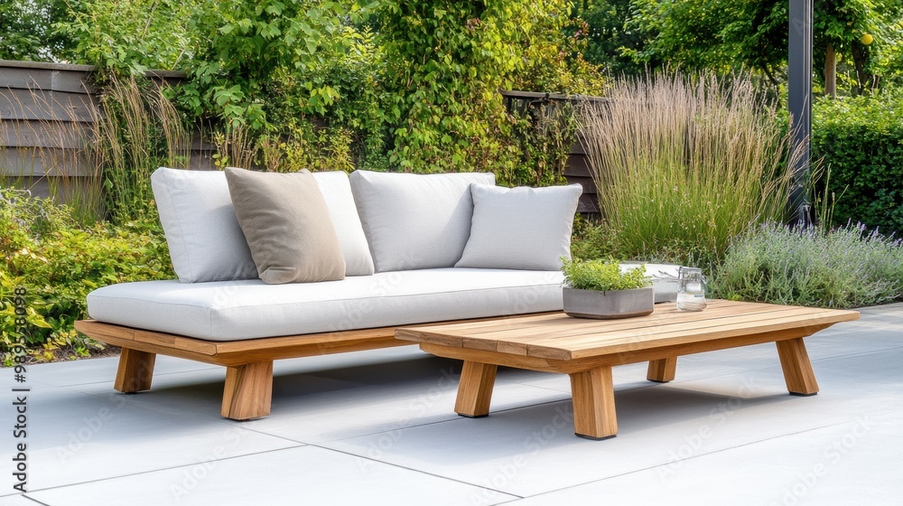 Fototapeta premium Modern Outdoor Lounge with Neutral Cushions and Table