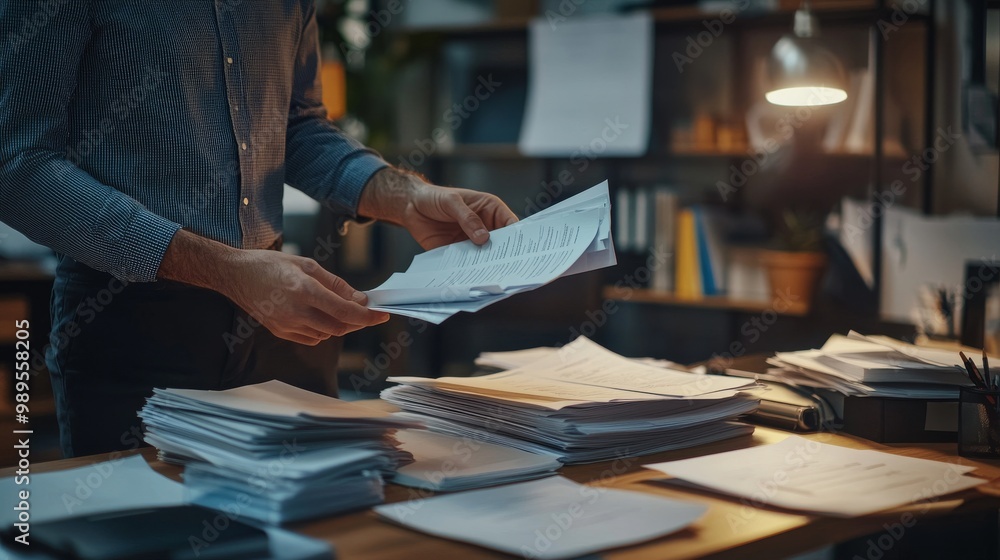 Businessman Working on a Desk with a Stack of Papers Businessman Working on a Desk with a Stack of Papers