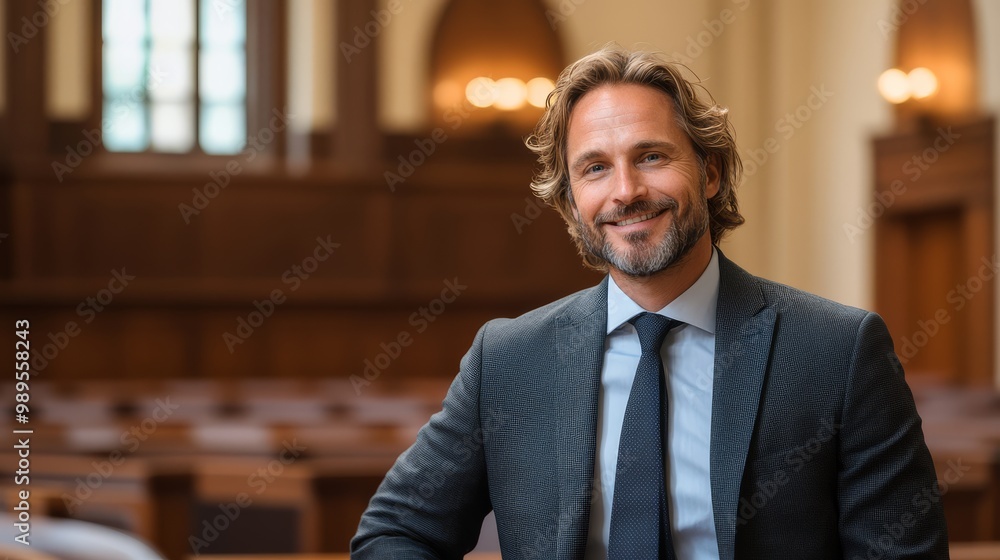 Fototapeta premium A middle aged lawyer discusses a case in a beautifully designed courtroom setting