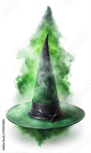 Chilling Halloween Witches Black Hat With Spellcast Green Smoke Rising up, Graphic Resource for Spooky halloween background posters and halloween parties photo