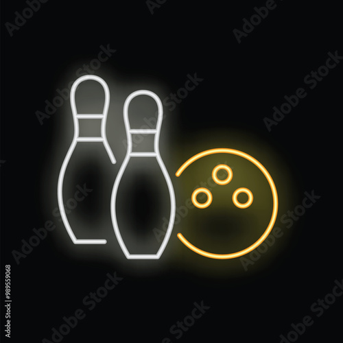 Neon sign of bowling pins and ball glowing on a black background