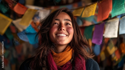 A radiant Tibetan woman engages in heartfelt prayer within a serene monastery